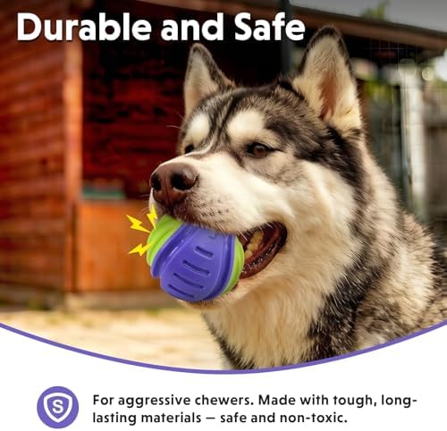 Dog Toy Ball, Indestructible Squeaky Ball for Aggressive Chewers, 3" TPR Rubber Clean Teeth, Relieve Anxiety & Boredom, Interactive Fetch Toy for Medium Large Dogs, Pools &Outdoor Play (Purple)