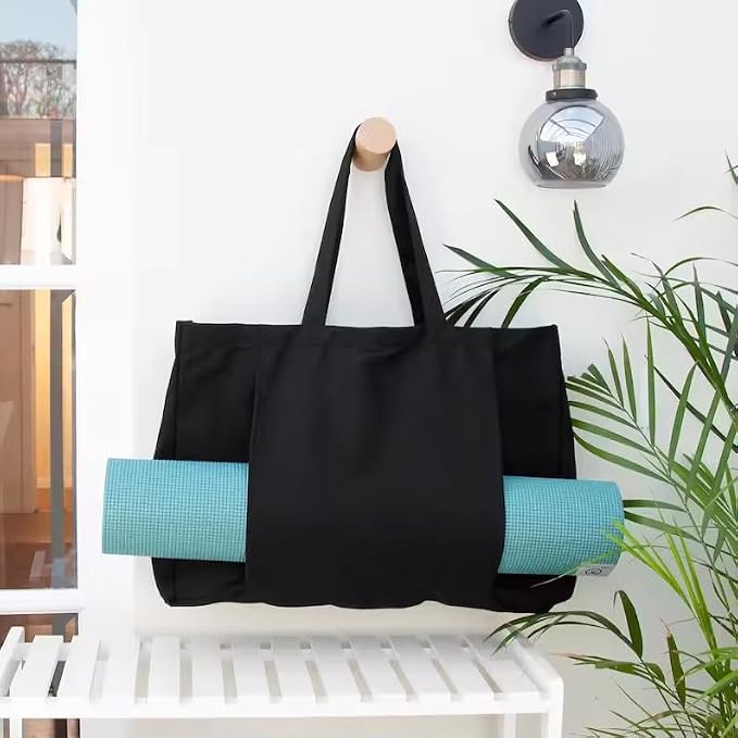 Yoga Canvas Tote Bag, Large Capacity, Sturdy Multifunctional, Shoulder Bag with Mat Carrier, Pockets