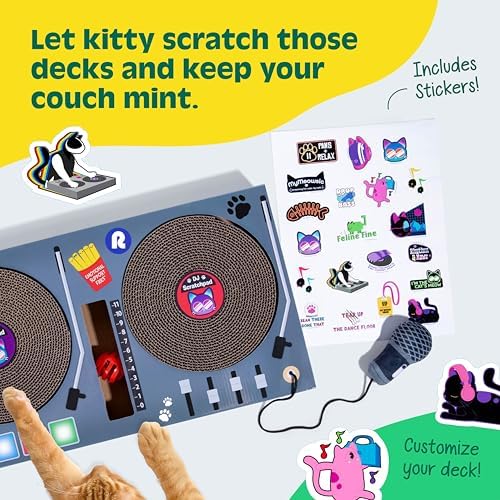 DJ Scratchpad by Relatable, Enrichment Cat Toys And Kitten Toys For Your Furry Friends, Cat Tree Essentials, Includes Box With 2 Scratch Wheels, 1 Plastic Ball With Bell, And Attached Microphone Plush