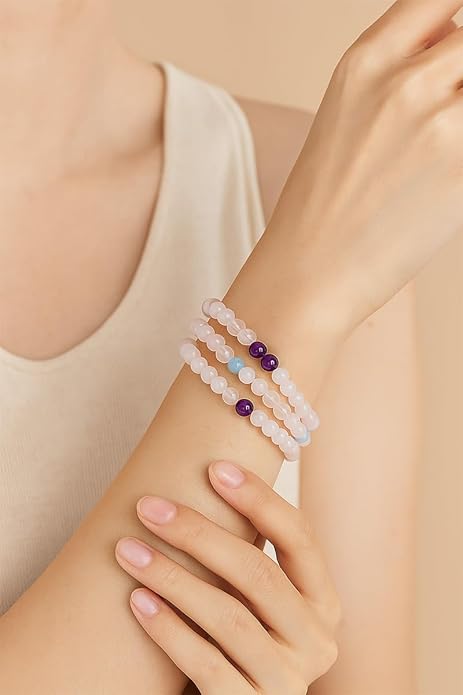8mm Natural Gemstone Beaded Bracelet for Women, Dainty Round Crystal Stretch Bracelets, Spiritual Healing & Calming Stone Jewelry Gift