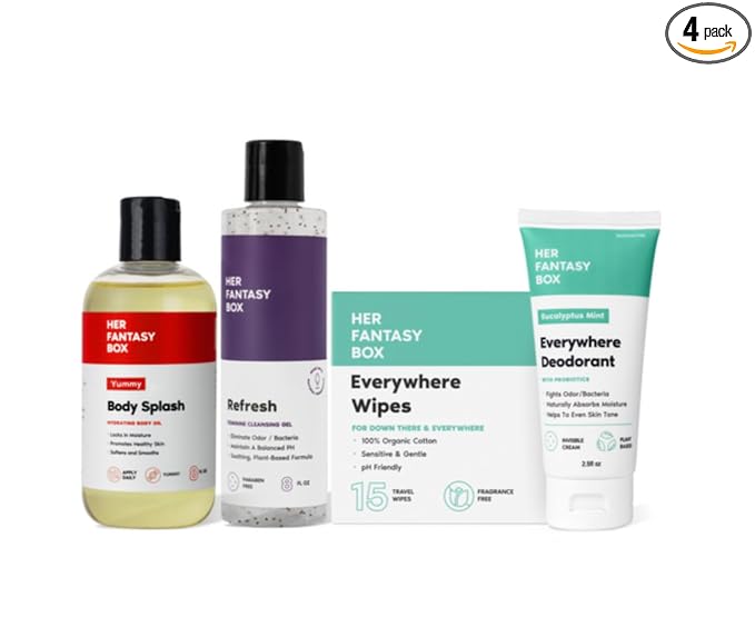 Her Fantasy Box | Soft & Clean Body Hygiene Kit – 4-Piece Feminine Care Set with Refresh pH-Balanced Wash, Yummy Body Splash, Everywhere Wipes & Deodorant – Odor-Masking, Sensitive Skin Safe