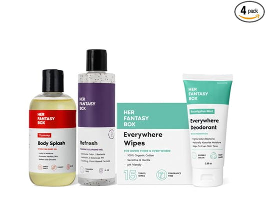 Her Fantasy Box | Soft & Clean Body Hygiene Kit – 4-Piece Feminine Care Set with Refresh pH-Balanced Wash, Yummy Body Splash, Everywhere Wipes & Deodorant – Odor-Masking, Sensitive Skin Safe
