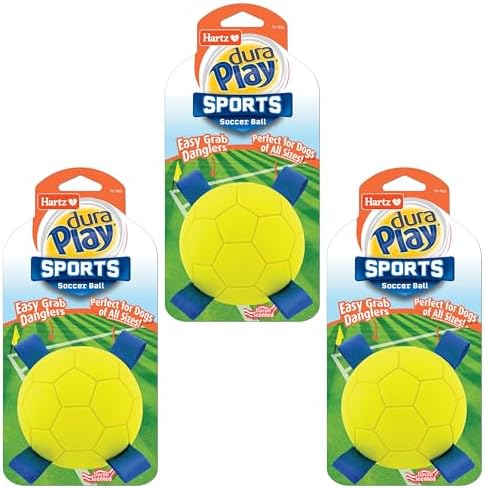 Hartz Dura Play Sports Soccer Dog Toy, Bacon Scented Squeaky Latex Yellow & Blue Toy, 3 Count