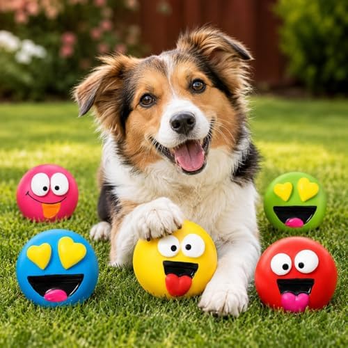 5-Pack Latex Dog Toys – Durable Squeaky Emoticon Design for Small and Medium Dogs, Interactive Chew and Fetch Play Set for Exercise and Training