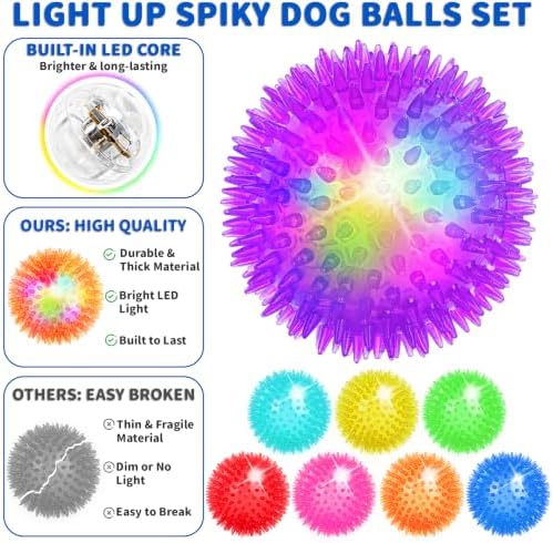 16 Pcs 3.5 In Light Up Squeaky Dog Balls 8 Colors LED Spiky Dog Toy Ball Glow in The Dark Interactive Fetch Ball TPR Bouncy Floating Toy for Aggressive Chewers Small Medium Large Dogs Indoor Outdoor