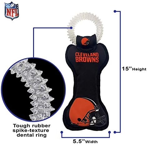 Pets First NFL Cleveland Browns Football Dental Tough Dog TUG Bone Toy with Built-in Squeaker Attached to a Safe Rubber Teething Toothbrush PET Toy, Team Color, 14 x 5 (CLE-3310)