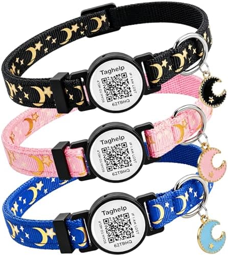 3-Pack Smart ID Cat Collar with Name Tag, Breakaway Adjustable Kitten Collars - QR Code Profile & Star Moon Safety Collars, Multi-Color Set (Black/Blue/Pink) | TagHelp