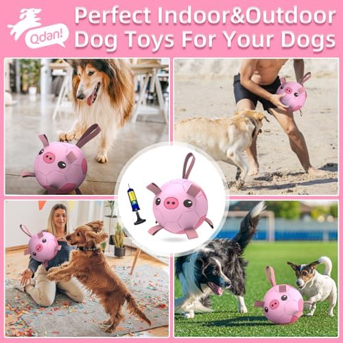 QDAN Dog Toys Soccer Ball with Straps, Balls for Dogs, Pig Dog Toy, 8 Inch