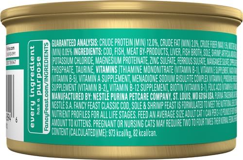 Fancy Feast Purina Cod, Sole and Shrimp Feast Classic Grain Free Wet Cat Food Pate - 3 oz. Cans (Pack of 48)