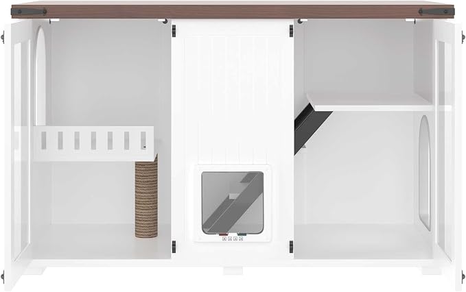 47.2" Cat Litter Box Furniture with LED, Hidden Litter Box Furniture with Storage, Enclosed Wood Cat House with Stairs & Smart Doors, Farmhouse, Suitable for Living Room Bedroom (47.2")
