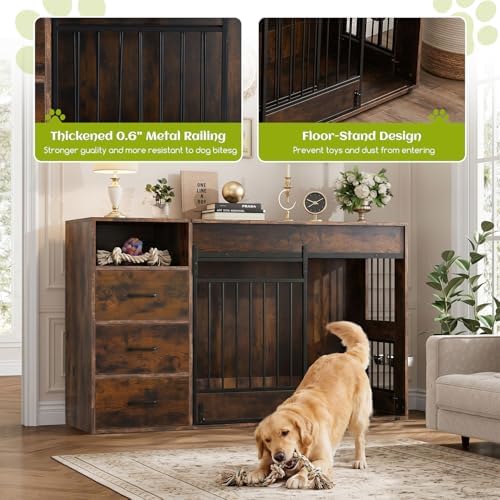 59.8 Inch Large Dog Crate Furniture with 3 Storage Drawers