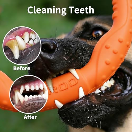 LaRoo Dog Chew Toy Ring, Floating Dog Pool Toy, Flying Disc for Medium & Large Dogs, Interactive Tug of War & Teething Relief, Pet Training Outdoor Fetch Toys (Orange,11.8'')