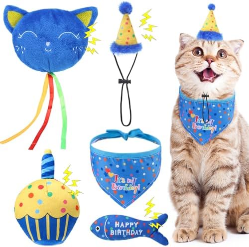 BINGPET Cat Birthday Decorations Outfit, 5 Pcs Catnip Toys for Indoor Cats