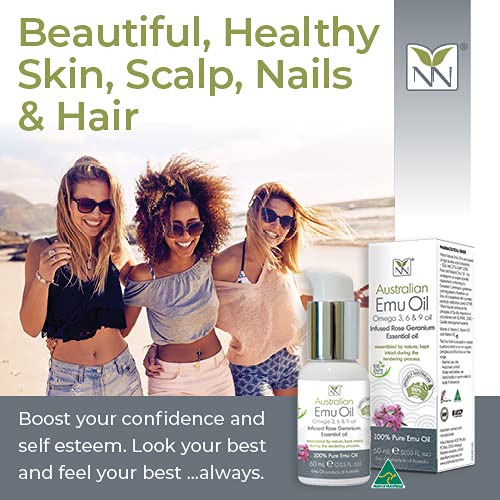 Y Not Natural Pure Emu Oil - Organic Moisture for Face, Body, Hair, Scalp & Nails - Rich in Omega 3-6-9, Vitamins & Essential Minerals - Australian Emu Oil (60ml) 2.03 fl oz - Rose Geranium