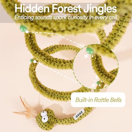 ZEZE Forest Snake Spiral Cat Tunnel Toy with Catnip, Bell & Hanging Teasers, Foldable Interactive Plush Tunnel for Indoor Cats