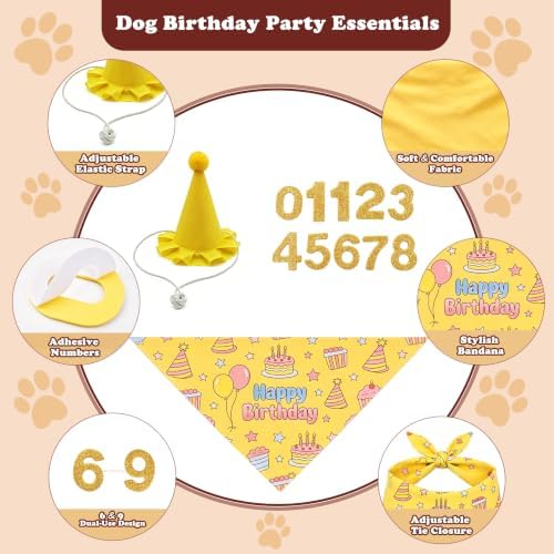 Xymoso Dog Birthday Gift Set,4 Pack Dog Birthday Interactive Squeak Toys Puppy Bandana Hat with Numbers Party Supplies for Small Medium Dogs