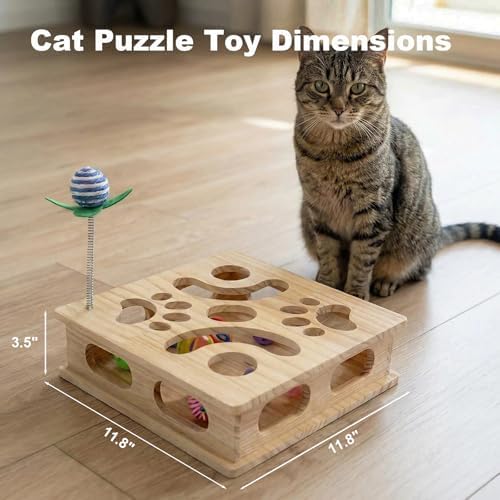 Pine Wooden Cat Puzzle Box, Interactive Maze & Scratch Enrichment Toy, Puzzle Toys for Indoor Cats with Sisal Wand, Silent & Bell Balls (Large)