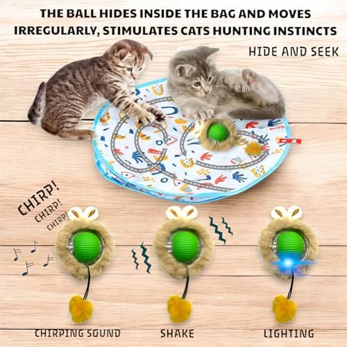 Smart Interactive Cat Toys, Automatic Motion Activated Moving Ball Hide and Seek Game, 28 Inch Play Mat, Fast Rolling Ball for Indoor Exercise Kicker, Fun Cat Toy Gift, Chirping Bird Sound