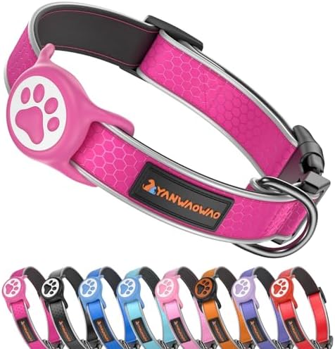 Heavy Duty Dog Collar with Silicone AirTag Holder, Waterproof & Reflective Padded Pet Collar for Night Walking, Hotpink Plaid Oxford Cloth, Adjustable Buckle (Pink L)