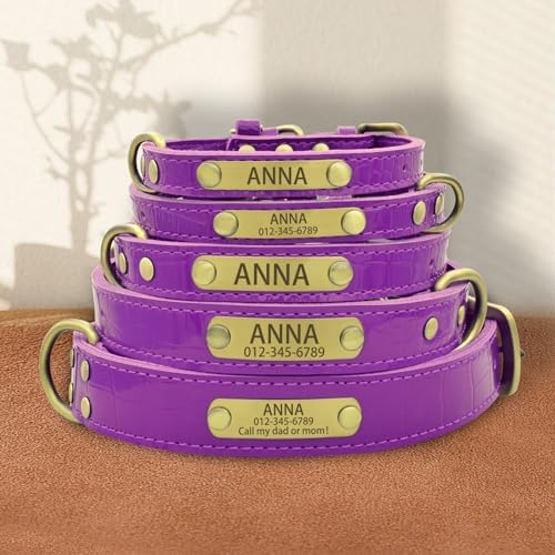 Personalized Genuine Leather Dog Collar with Engraved Name Plate - Durable and Stylish Custom Dog Collar for Small, Medium, and Large Dogs (S,Purple)