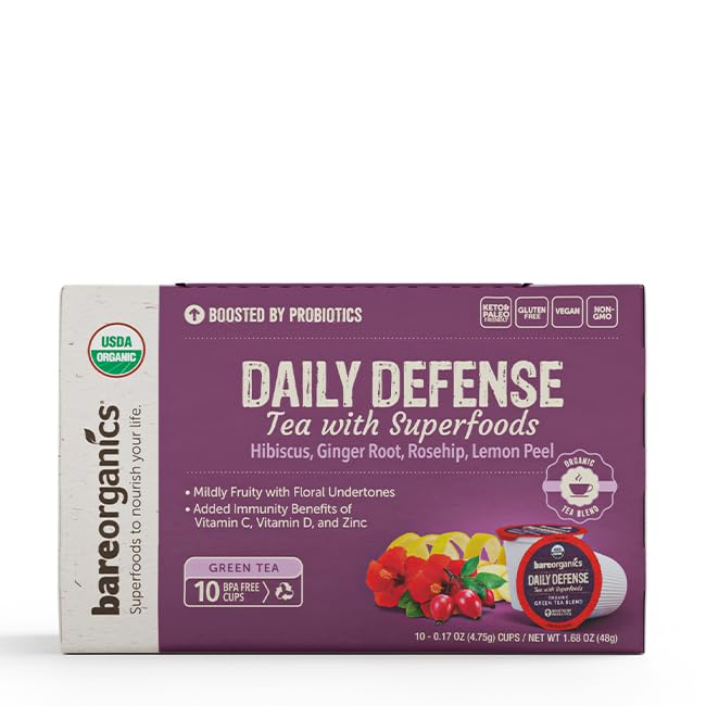 BareOrganics Daily Defence Tea - Organic Tea Pods for Keurig with Superfoods and Probiotics, Green Tea K Cups, 10ct single serve Cups