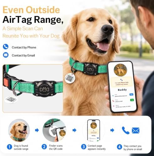 Geamen Dog Collar for Airtag Waterproof QR Code Reflective Collar(Teal,XL) | Built-in Waterproof Holder, QR Code Tag, Reflective,Secure Buckle