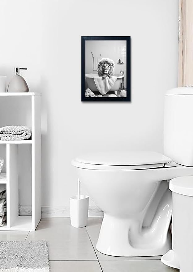 Framed Black and White Animal Bathroom Wall Art Funny Lion in tub Bathroom Pictures Wall Decor Bathtub Print Paintings