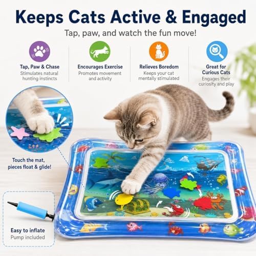 2026 Upgraded Pet Water Sensory Mats, Cat Water Mat with Floating Fish Toy, Thickened Interactive Cat Water Play Mat Toy, Leak Proof Cooling Pad for Indoor Cats Kittens Summer (#F)