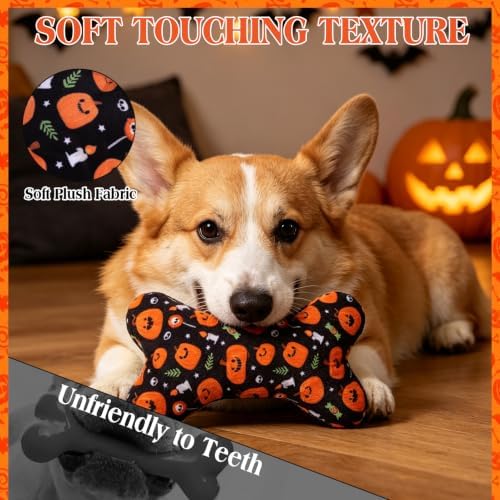 EXPAWLORER 4 Pack Halloween Dog Squeaky Toys,Interactive Plush Bone Toy