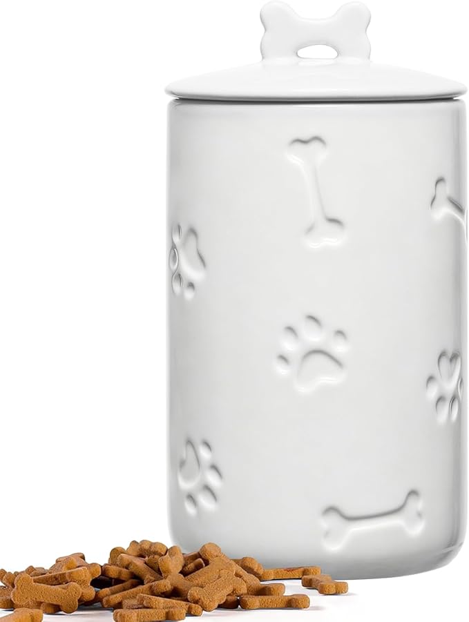 Dog Treat Container Airtight - 9"x5" Ceramic Big Treats Jar with Lid(White)