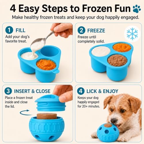 Frozen Treat Dog Toy Set with Freezer Tray, Interactive Rubber Chew Toy, Treat Ball Holder for Licking & Chewing, Dog Enrichment Toy to Keep Dogs Busy (Blue)
