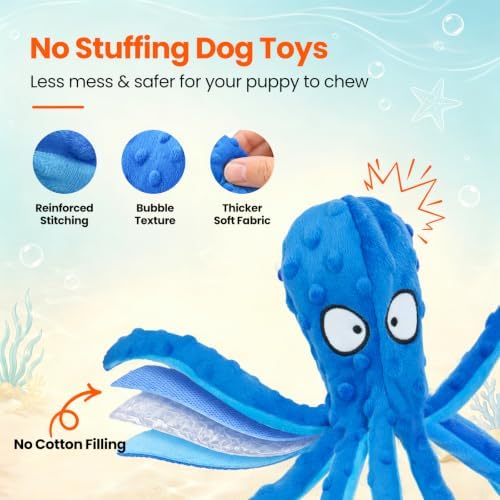HGB Squeaky Dog Toys No Stuffing Octopus Crinkle for Large Medium Small Dog