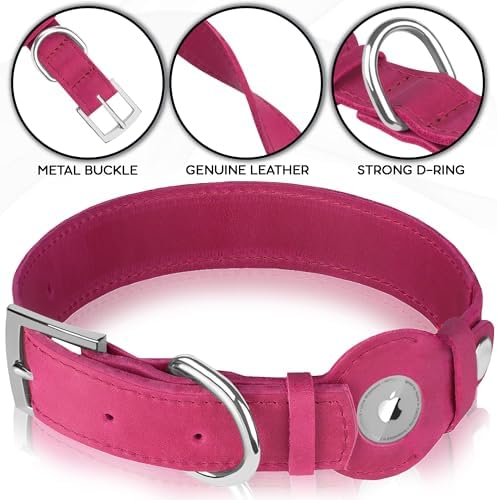 Leather Dog Collar with Airtag Holder - Apple Air Tag Dog Collars - Soft Tracking GPS Pet Collar for Small Medium Large Dogs Breed Puppy (Pink, M, 12"-15" Neck Fit)