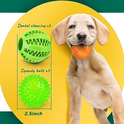 PUPTILY 2 Different Functions Interactive Ball for Dogs 2.5” Squeaky Dog Balls Toys and Puppy Teething Chew Toy Balls for Small Dogs for Clean Teeth and Training （5Pcs）