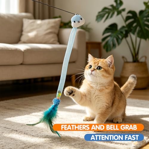 Cat Teaser Toys with Feathers and Bells, Flexible Tube 4-Pack