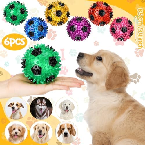 Gemscream 6 Pcs 3.4'' Spiky Squeaker Football Dog Toy Balls for Teething