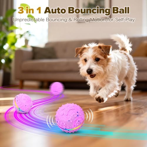 Interactive Dog Toys Ball, Self-Rolling & Bouncing Ball with RGB Colorful Lights to Keep Them Busy, 3-in-1 Interactive Mode, E-TPU Material, Type-C Charging, Moving Dog Toy for Dogs Puppies (Pink)