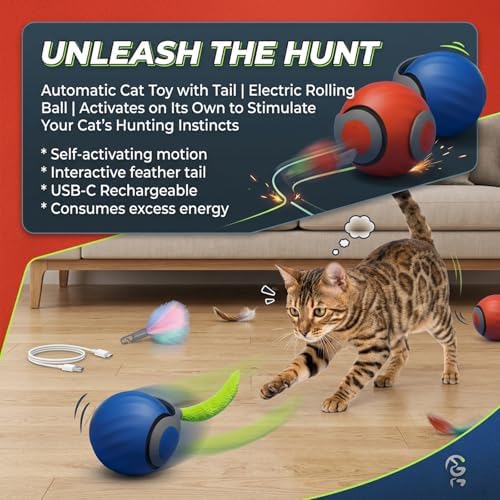 Teazys Cat Toy Turbo Tail 3.0,Interactive Cat Toy Ball, Automatic Cat Toy with Tail, Electric Rolling Ball on Carpet, Cat Enrichment Toys for Small/Medium/Large Cats to Keep Them Busy (Blue)