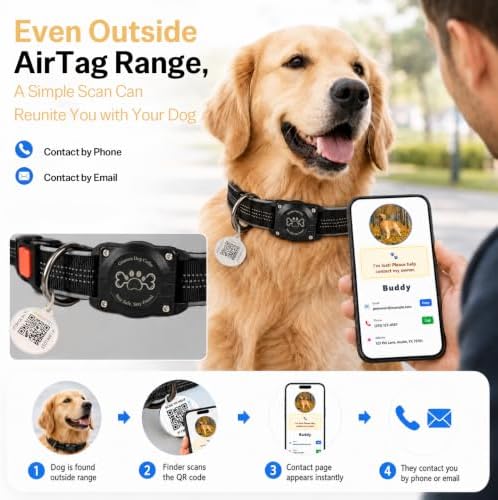 Dog Collar with AirTag Holder Waterproof QR Code Reflective Collar(Black,M) | Built-in Waterproof Holder, QR Code Tag, Reflective,Secure Buckle