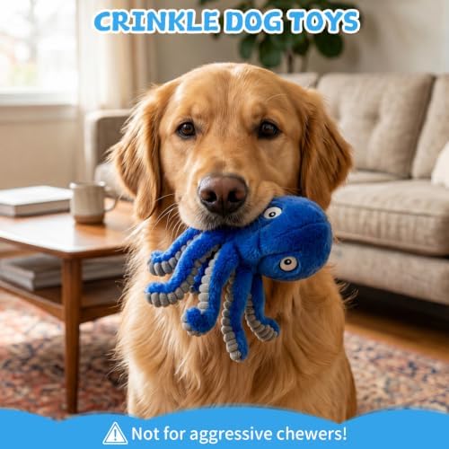 Replacement Plush Cover for Interactive Dog Toy, Soft Dog Squeaky Toy with Crazy Crinkle and Strong Zipper for Small Large Dogs Keep Busy, Washable Plush Cover Without Ball (Blue Octopus)