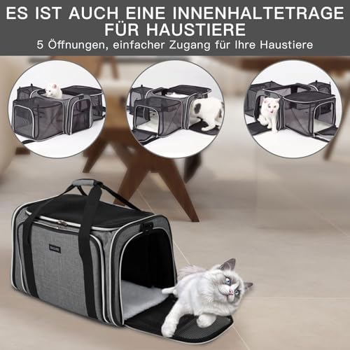 BAGLHER Expandable Cat Carrier with Travel Litter Box, Pet Travel 5 Sides Open Doors 3 Sides, Leak-Proof and Collapsible, for Car, Airplane Trip, Grey
