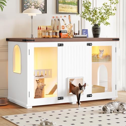 Vinsetto 47.2" Large Cat Litter Box Enclosure LED Light Cat House White