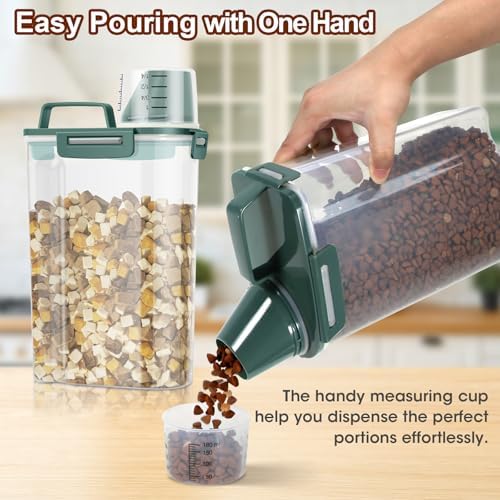 TBMax Small Dog Food Storage Container 3 Qt with Cat Food Can Cover and Mixing Spoon, Portable Travel Pet Food Dispenser with Large Spout and Cup -Bottle Green