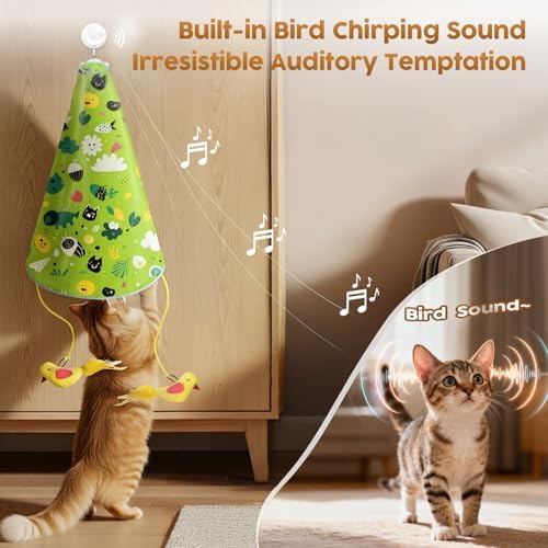 Interactive Cat Toy for Indoor Cats: 2 in1 Automatic Hide and Seek Moving Concealed Flying Bird Wand Feather with Chirping Bird Squeaky, Hanging Rechargeable Exercise Cat Toy for Kittens and Adult Cat
