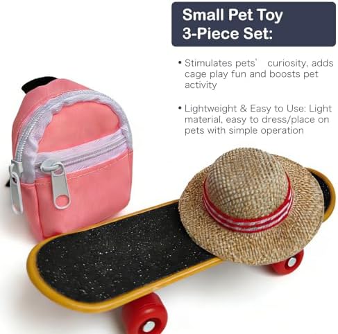 3 Pack Bearded Dragon Toy Set Includes a Bearded Dragon Backpack, an Adjustable hat, and a mini Skateboard Toy, for Small Reptile Pets Such as Lizards, Hamsters, Parrots, and Turtles.（Pink）