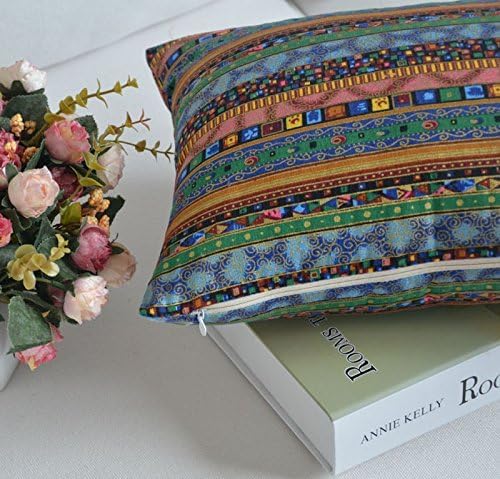 TAOSON Green Stripe Bohemian Style Antique Cotton Blend Linen Sofa Throw Pillowcase Cushion Cover Pillow Cover with Hidden Zipper Closure Only Cover No Insert 18x18 Inch 45x45cm