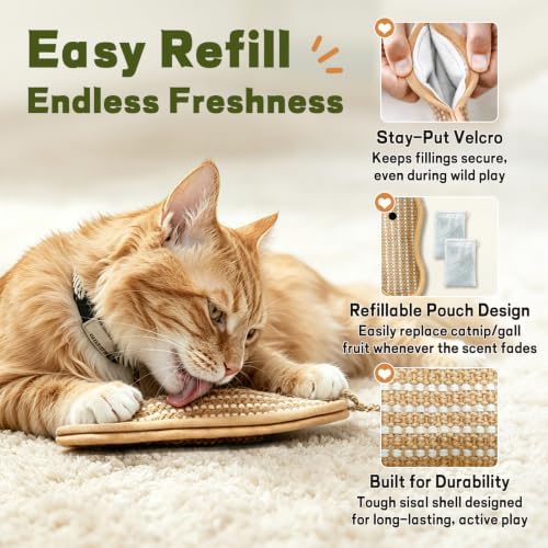 Refillable Catnip Kicker Toys, Sisal Fish & Mouse with Catnip & Silvervine Gall Fruit, Durable Interactive Cat Toy for Indoor Cats, 2-Pack