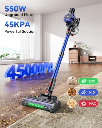 TechRise Cordless Vacuum Cleaner for Home, 550W|45kPa|60Mins Stick Vacuums | Anti-Tangle Brush, LED Display, Wall Mount Storage,Lightweight Handheld Vacuum for pet hair, carpets, floors