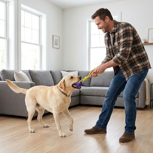 Outward Hound FlyFetch Ball Tug Dog Toy, Durable Rubber & Rope for Fetch and Tug-of-War, Lightweight, Floats, 9" x 3"