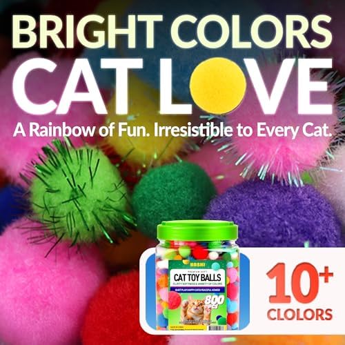 HA SHI [800pcs in Sturdy Jar] Interactive Cat Toy Pom Poms - Small Soft Plush Balls (0.39in-1.2in) for Indoor Kittens, Quiet Night Play, Snuffle & Fetch Toys